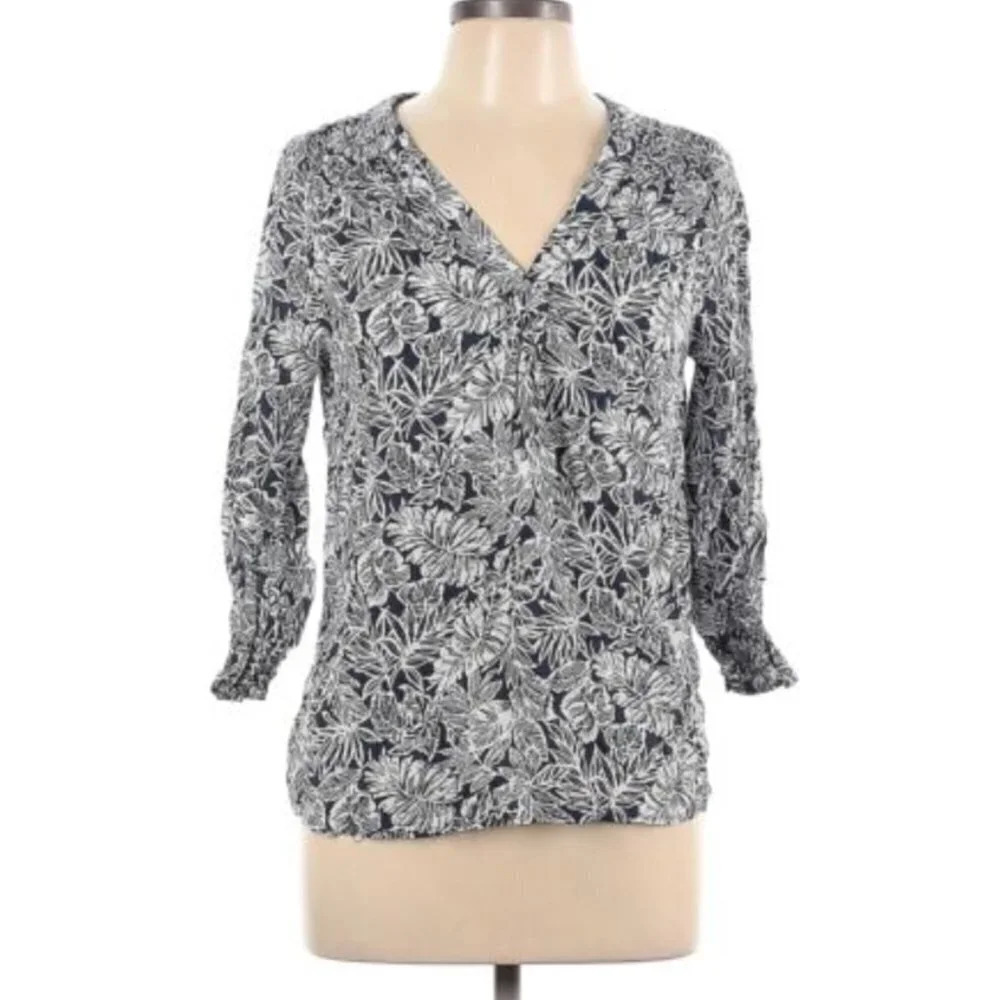 Jones New York Women Tropical Print Navy Blue Top Small - Picture 1 of 8